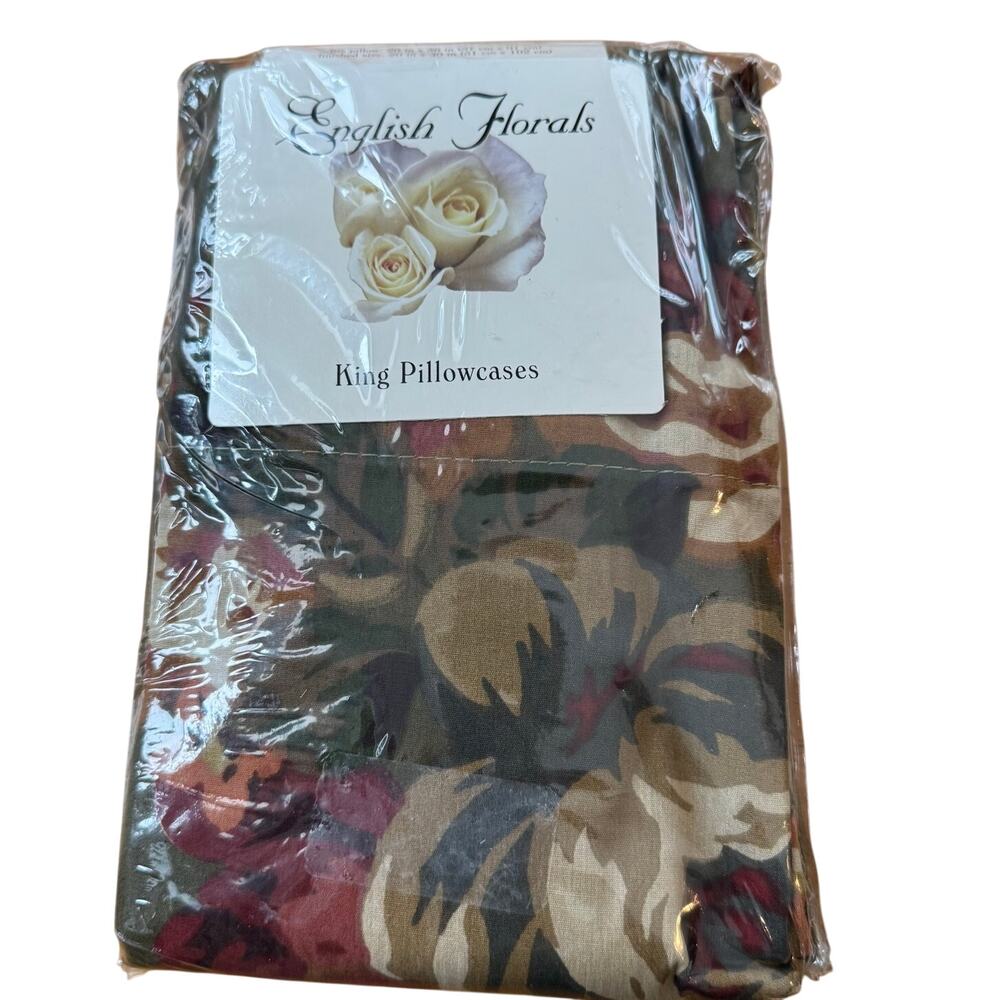 English Floral Mansfield Olive King Size Pillowcases Cottage Core Burgundy Green